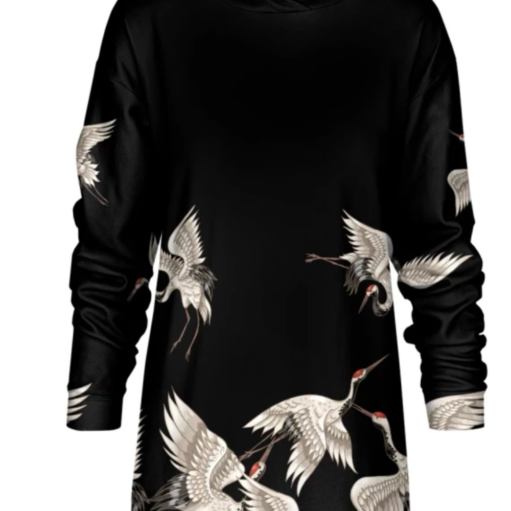 Women's Black Long Sleeve Dress with Crane Print